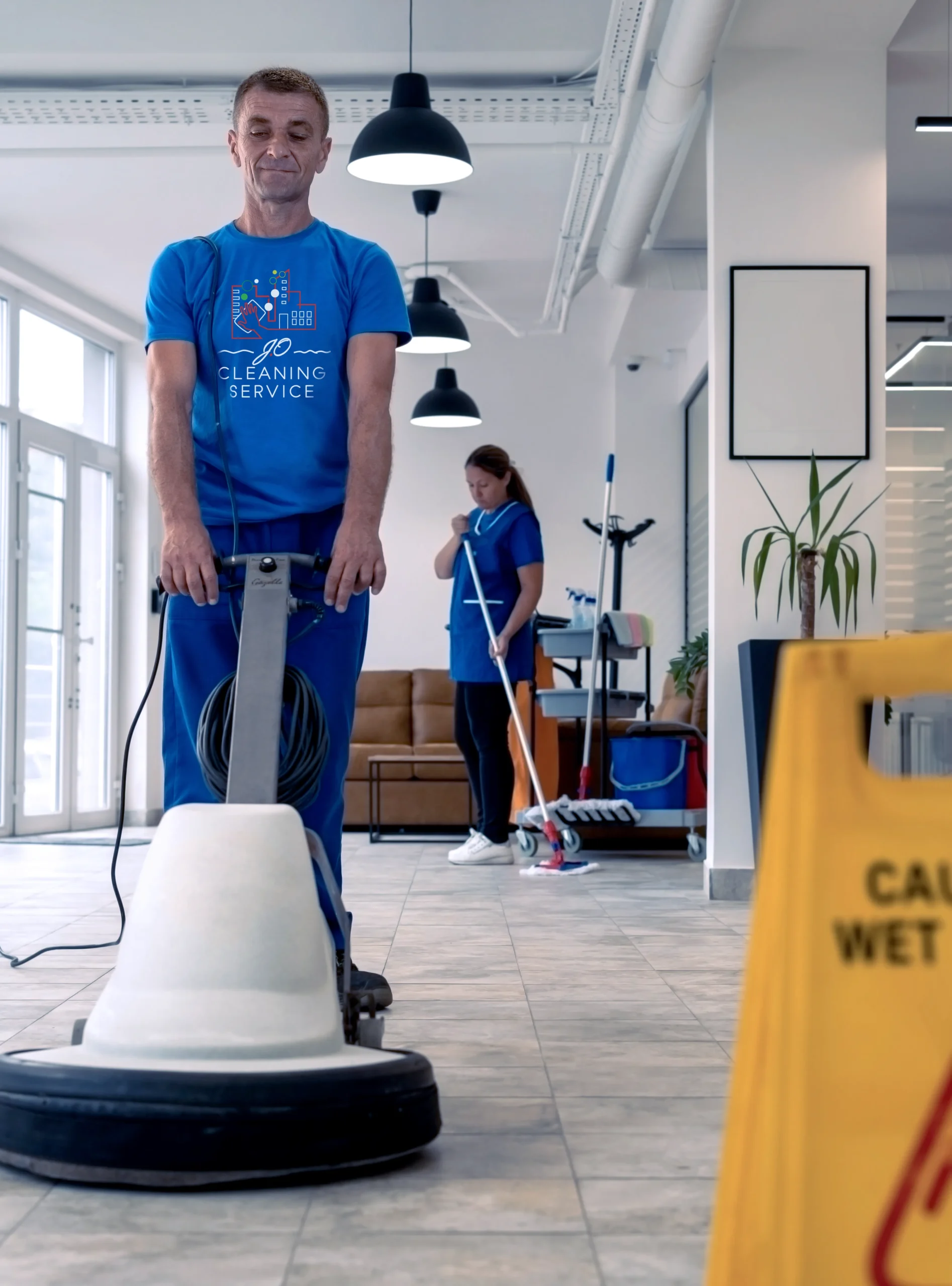 a man in blue shirt with a machine in front of a woman in a room with a yellow sign