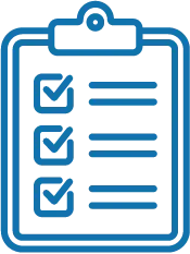 a blue line drawing of a clipboard with check marks