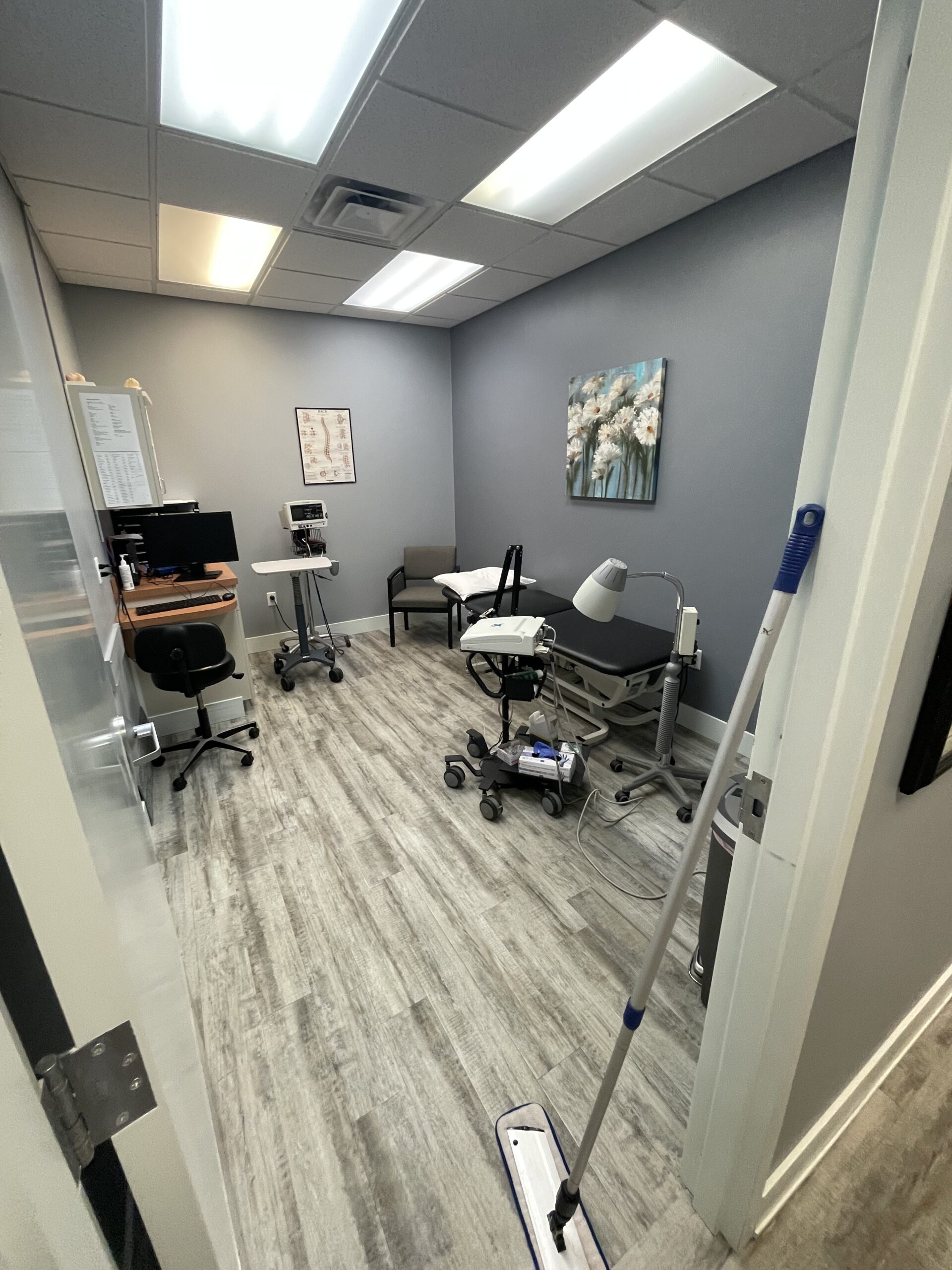 Medical off with medical equipment and cleaning supplies